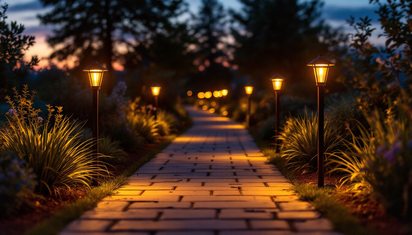 A photograph of a beautifully illuminated path lined with stylish path lights during twilight