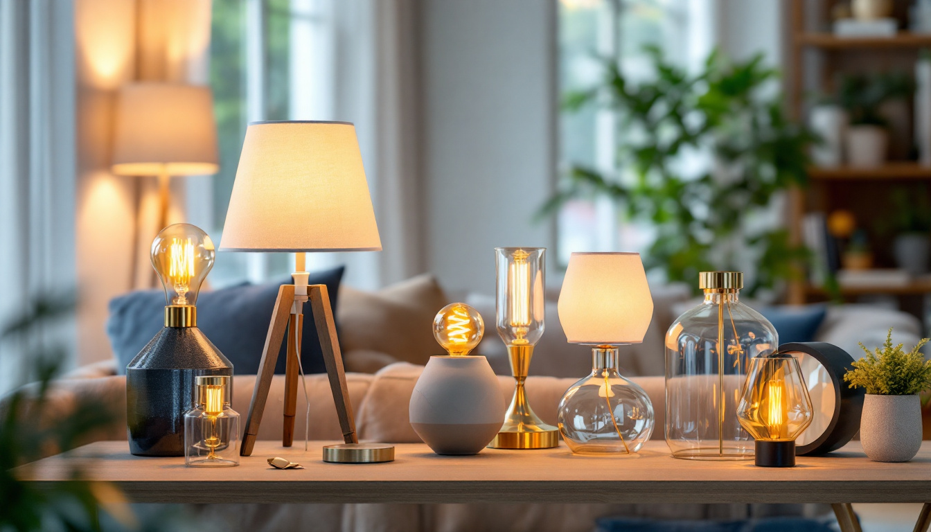A photograph of a beautifully arranged display of various discount lamps in an inviting home setting