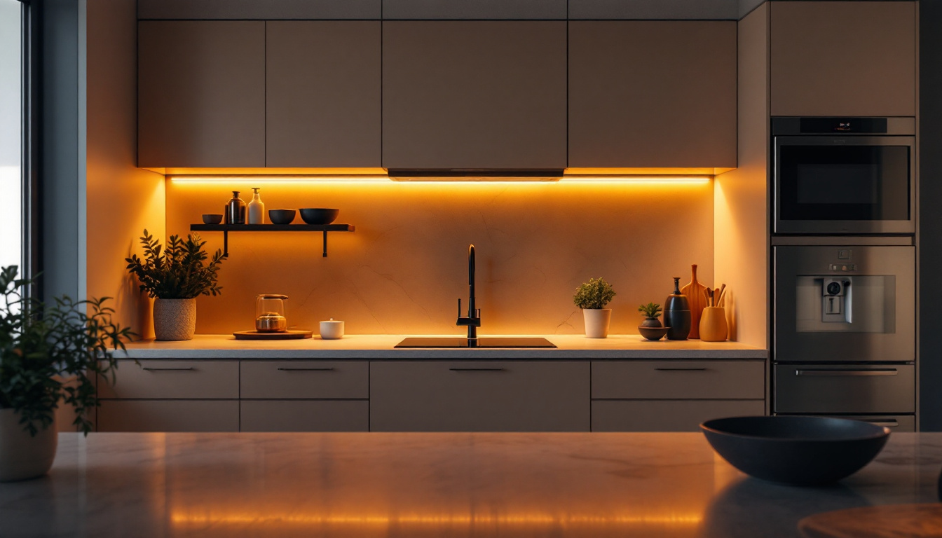 A photograph of a beautifully designed kitchen showcasing under cabinet led lighting