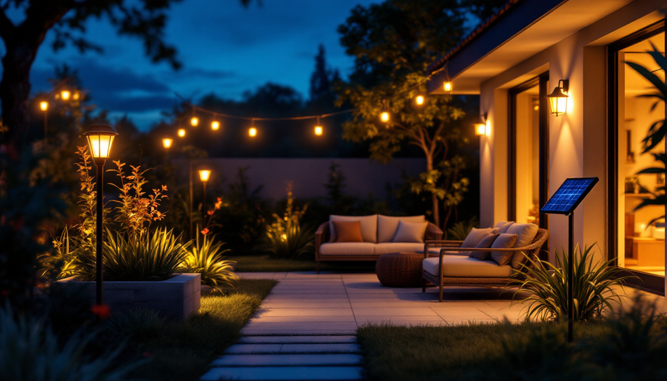 A photograph of a serene outdoor setting illuminated by various types of solar lights