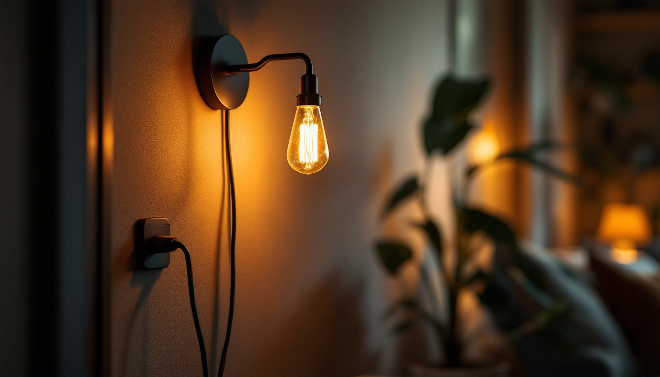 A photograph of a stylish sconce light fixture plugged in and illuminating a cozy interior space