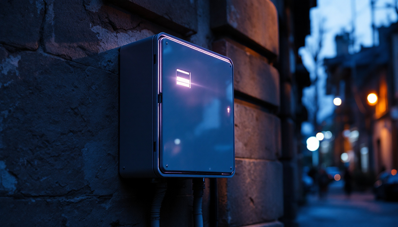 A photograph of a well-lit electric box mounted on the exterior of a building