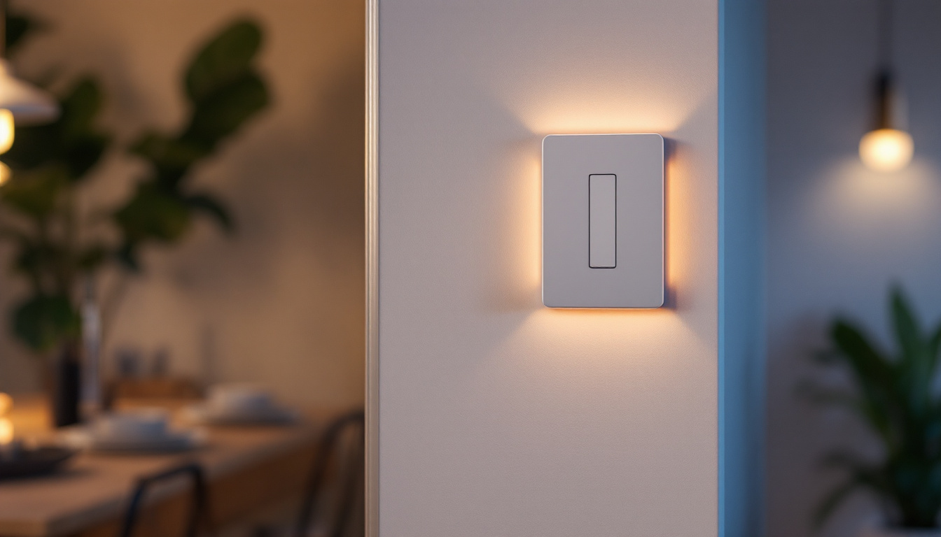 A photograph of a modern programmable light switch in a stylish home setting
