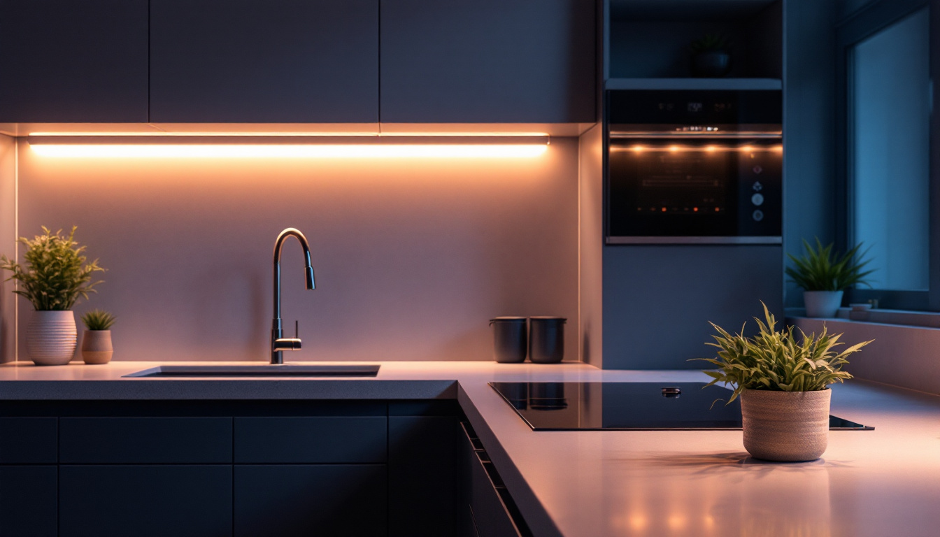 A photograph of a stylish kitchen featuring under cabinet led lights illuminating the countertop