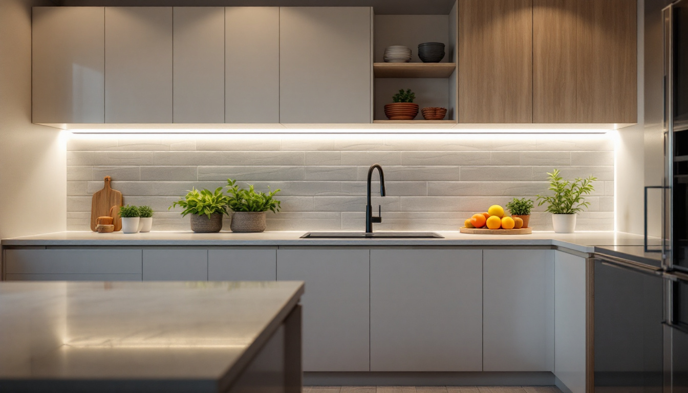 A photograph of capture a photograph of a beautifully designed kitchen featuring under-cabinet led strip lighting that highlights the countertops and creates an inviting ambiance