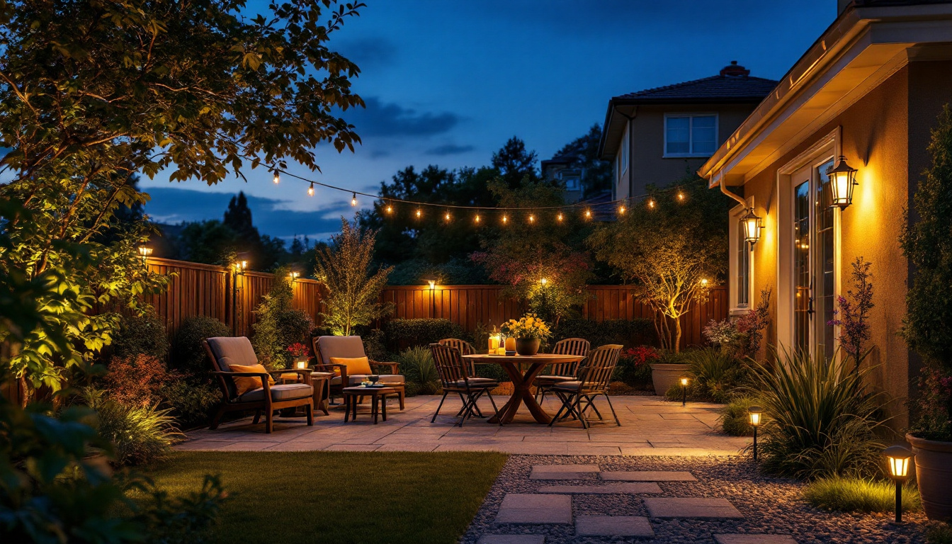 A photograph of a beautifully illuminated patio at dusk