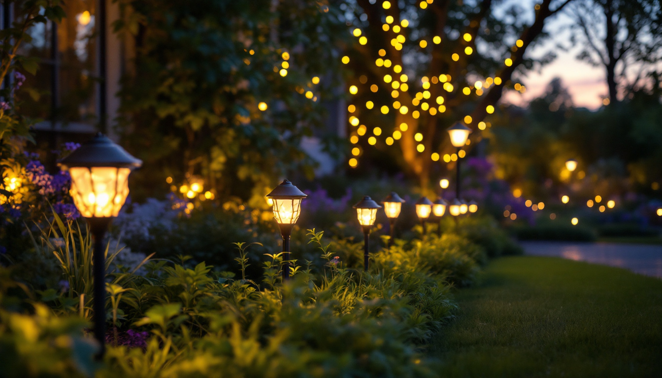 A photograph of a beautifully illuminated garden at dusk