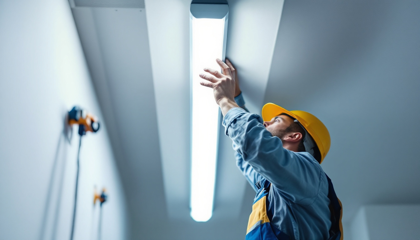 A photograph of a person skillfully replacing a fluorescent tube light bulb in a ceiling fixture