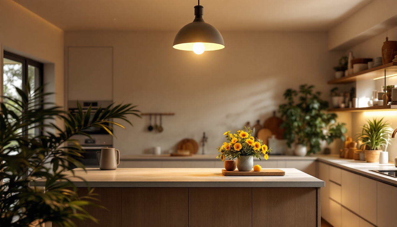 A photograph of a beautifully designed kitchen featuring a stylish ceiling light fixture that highlights the space's ambiance and functionality