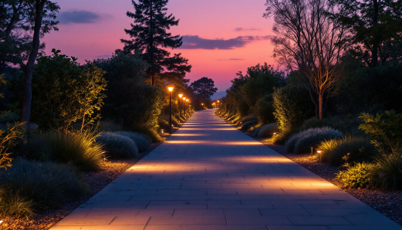 A photograph of a beautifully illuminated pathway at dusk