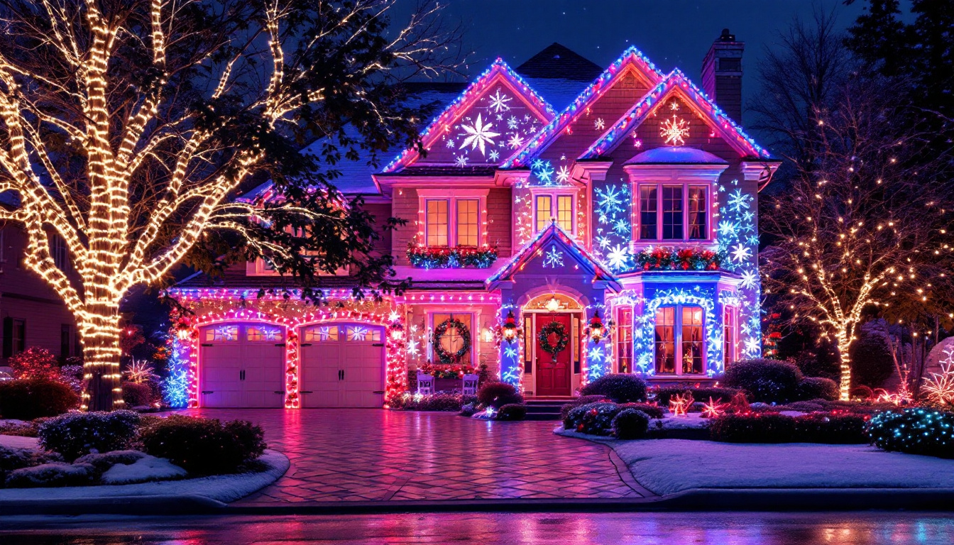 A photograph of capture a photograph of a beautifully decorated home illuminated with vibrant christmas projection lights