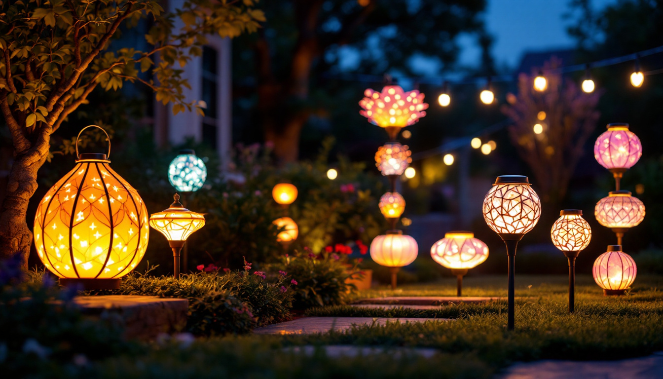 A photograph of a beautifully arranged outdoor space illuminated by various decorative solar lights at dusk