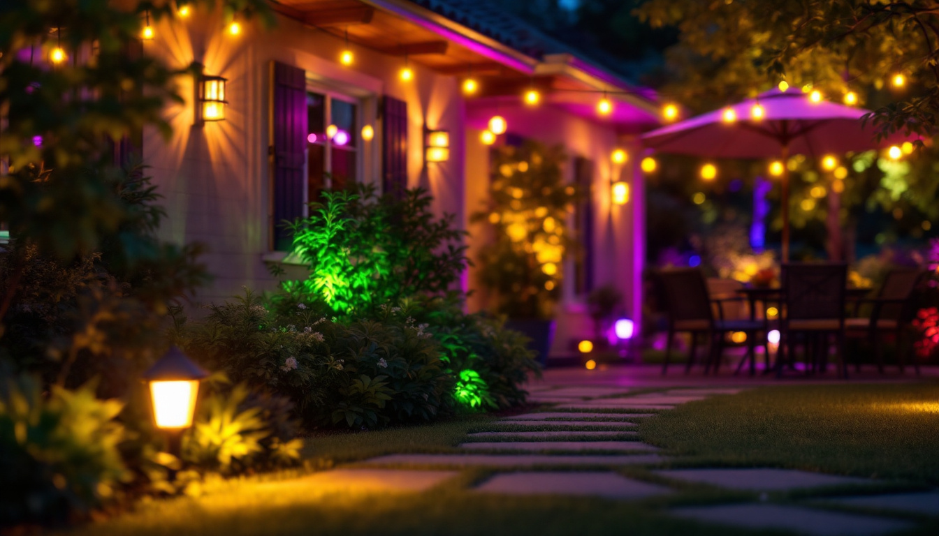 A photograph of a beautifully illuminated outdoor space featuring various styles of led exterior lights