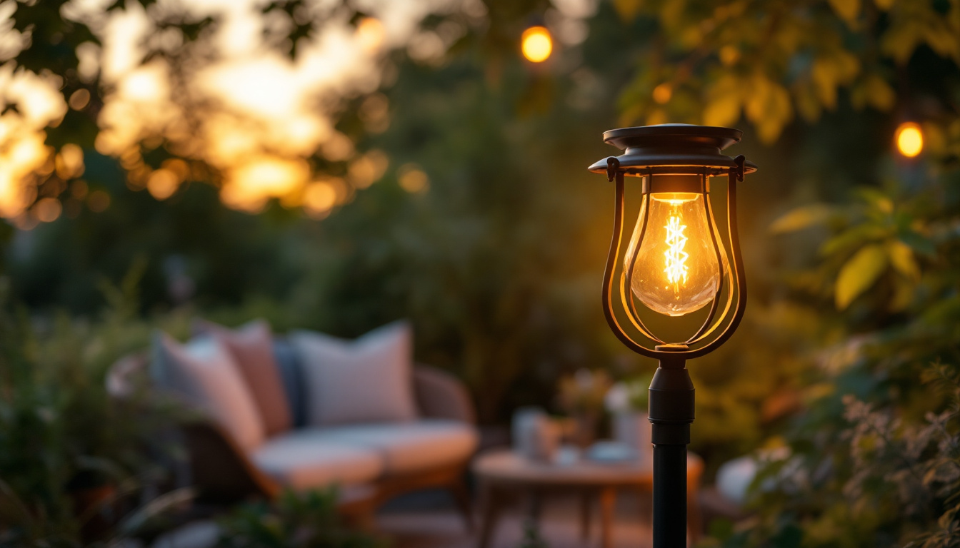A photograph of a beautifully designed exterior lamp illuminating a cozy outdoor setting at dusk