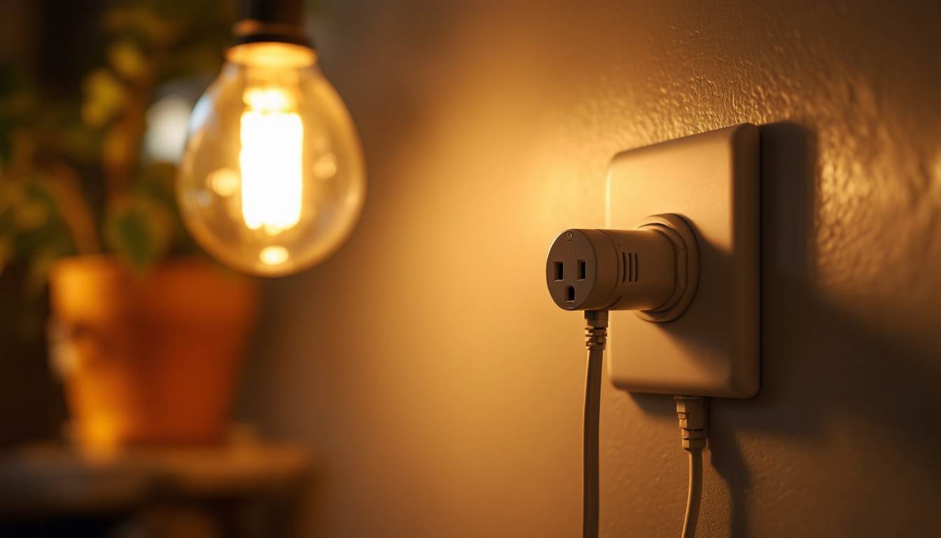 A photograph of capture a photograph of a 120v electrical plug connected to a stylish light fixture
