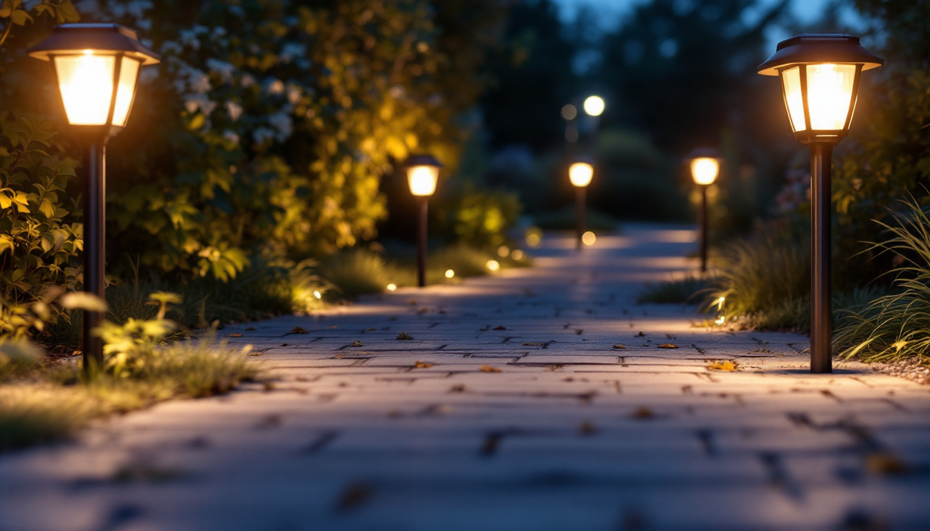 A photograph of a beautifully illuminated outdoor pathway featuring an array of solar path lights in various styles