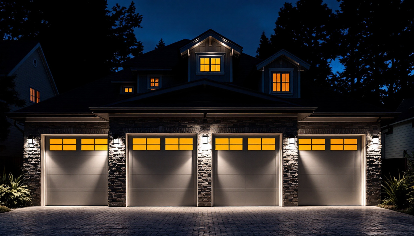 A photograph of a stylishly illuminated garage exterior at dusk