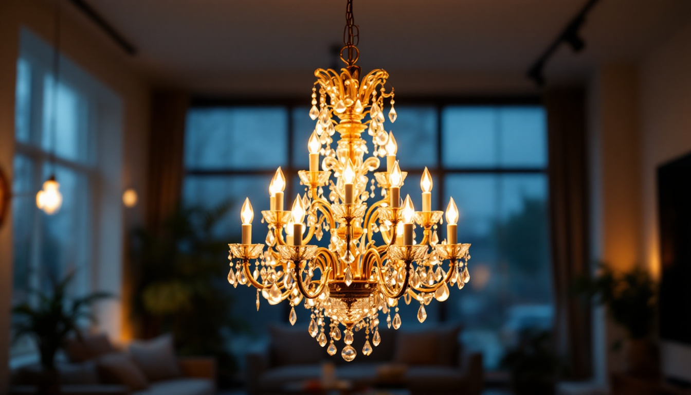 A photograph of a stunning chandelier elegantly illuminated in a stylish interior setting