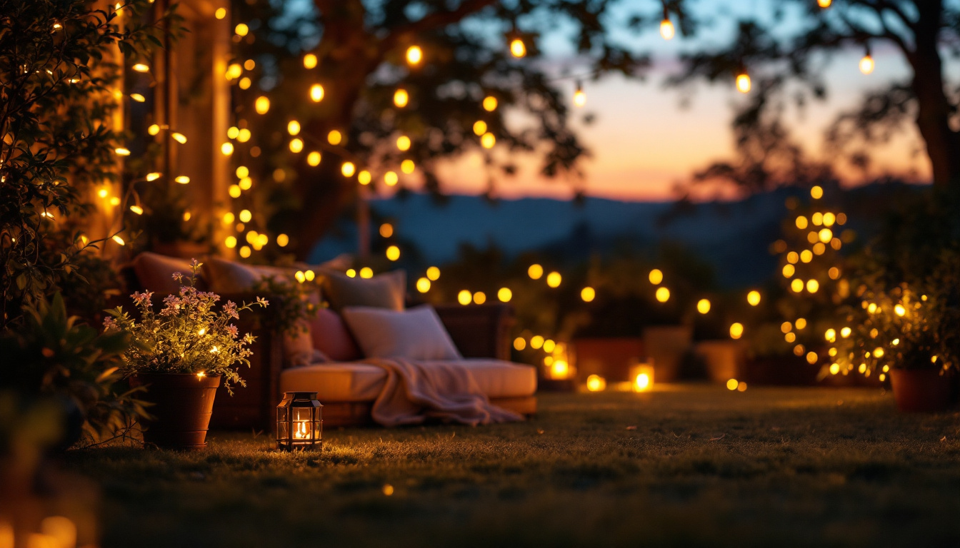 A photograph of a beautifully arranged outdoor scene illuminated by vibrant light strands