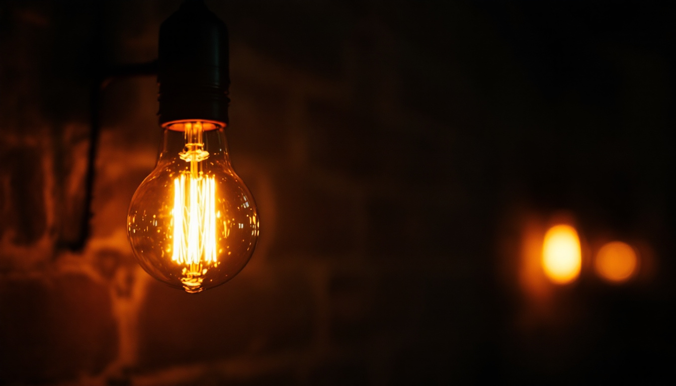 A photograph of a flickering light bulb in a dimly lit room