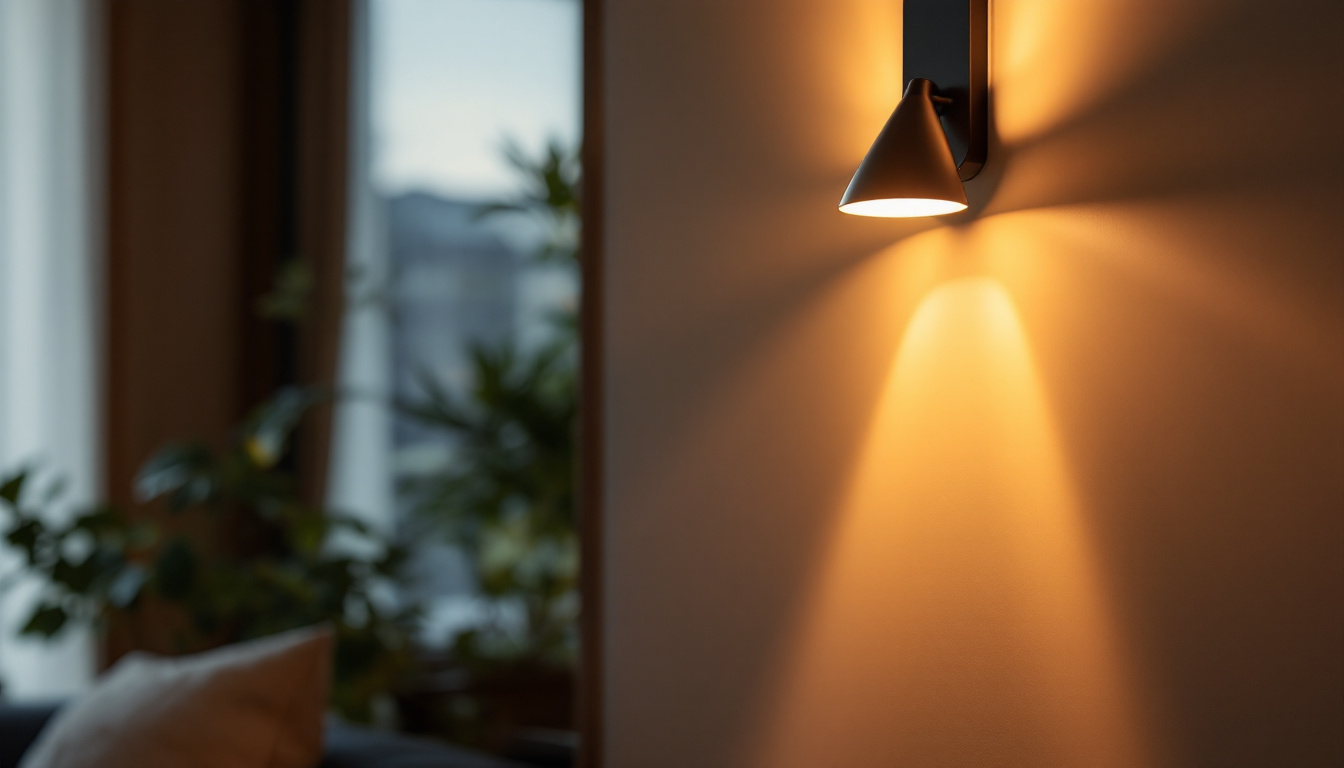 A photograph of a stylish wall lamp with warm led light illuminating a cozy interior space