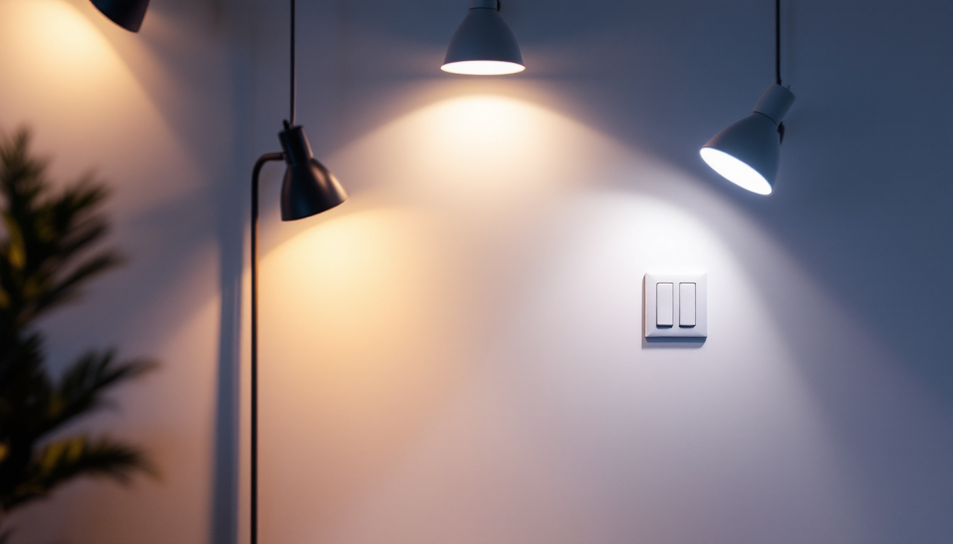A photograph of a well-lit interior space showcasing a three-way light switch in action
