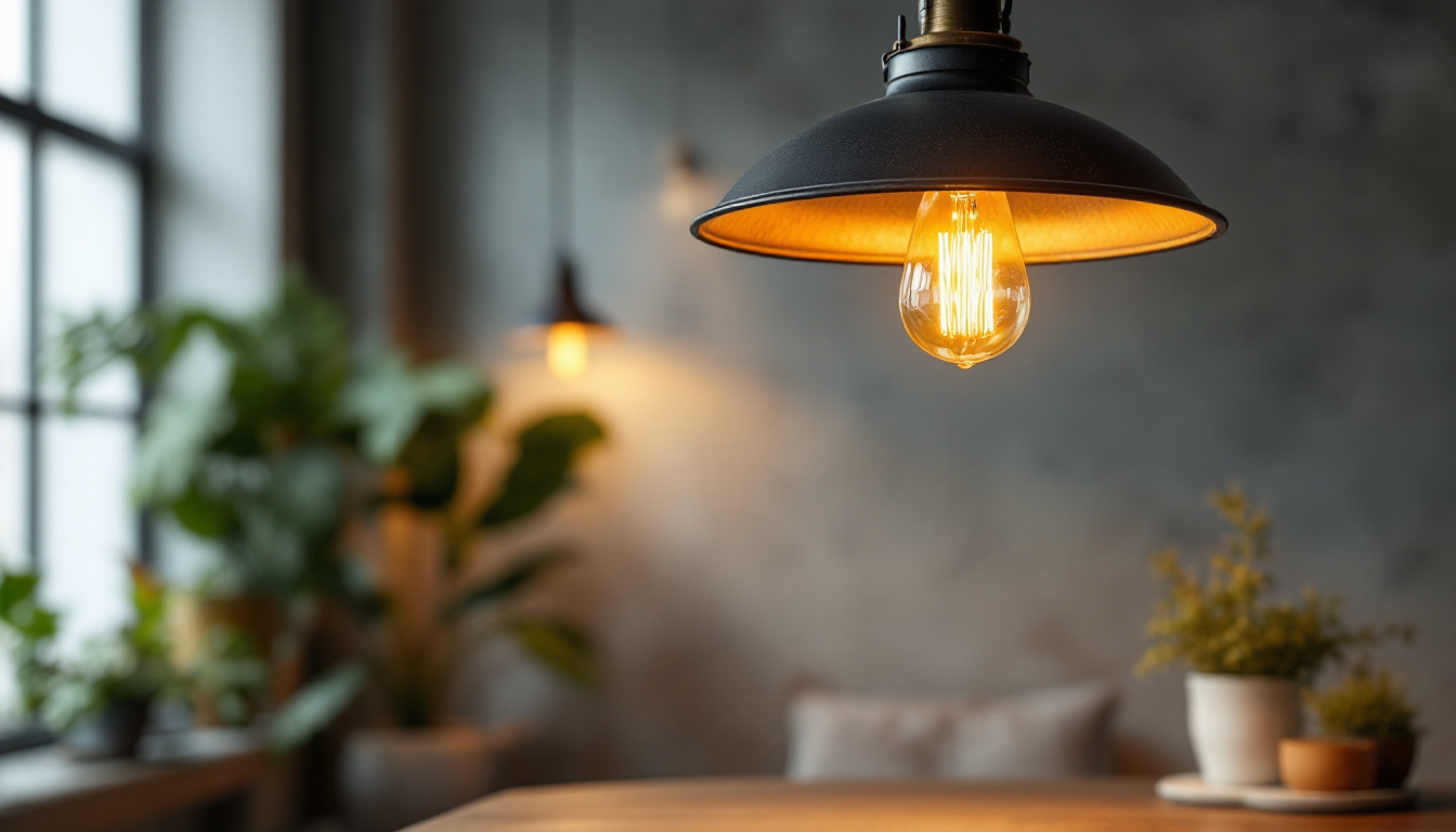 A photograph of a stylish industrial hanging light fixture in a well-designed interior setting