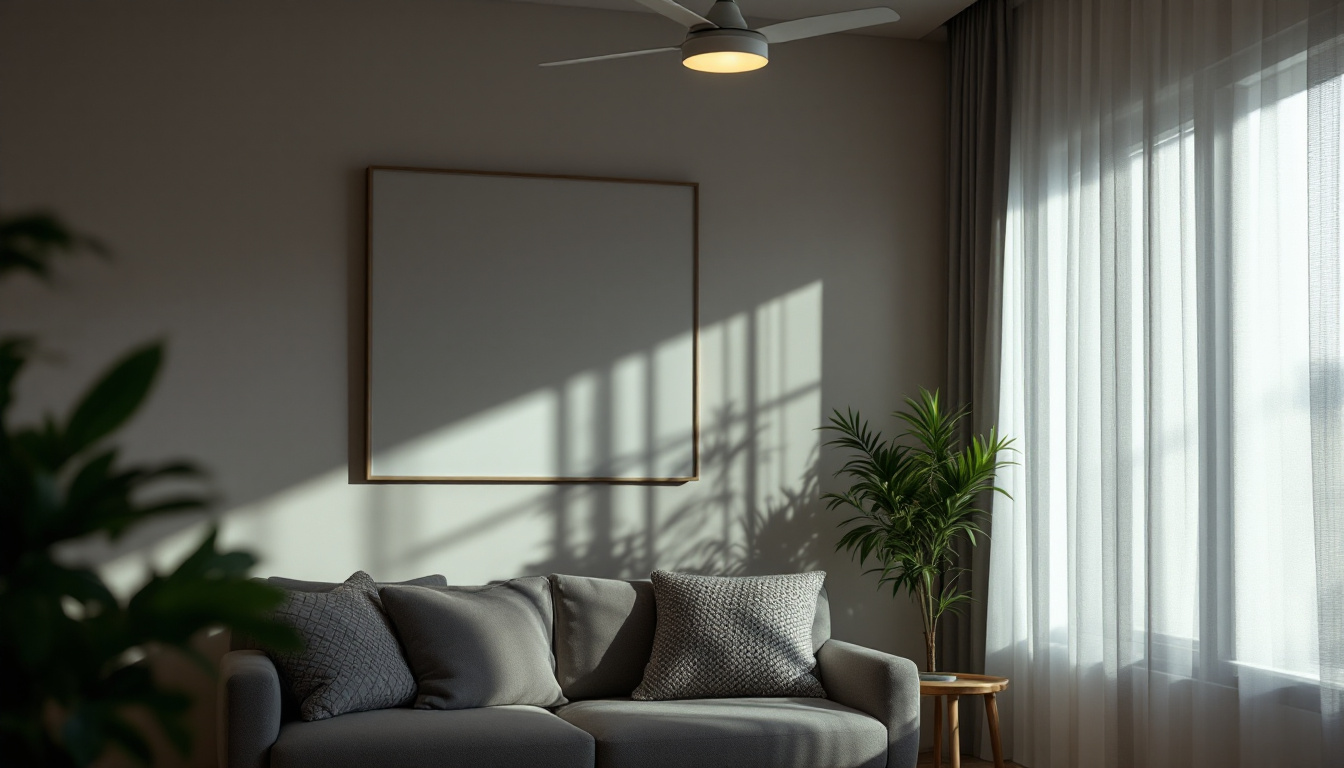 A photograph of a stylishly arranged living space featuring a modern light fixture and a ceiling fan