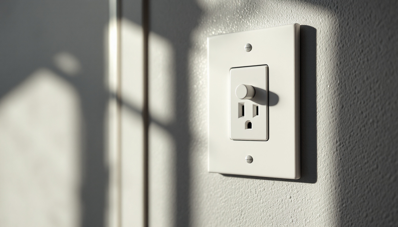 A photograph of a close-up view of a stylish outlet box cover installed on a wall