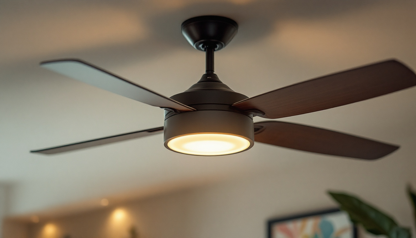 A photograph of a stylish ceiling fan with an integrated lighting fixture