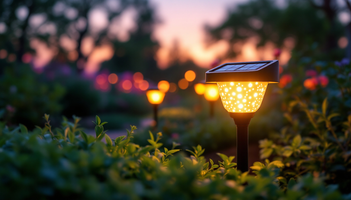 A photograph of a vibrant outdoor scene featuring a solar-powered led light illuminating a garden or pathway at dusk