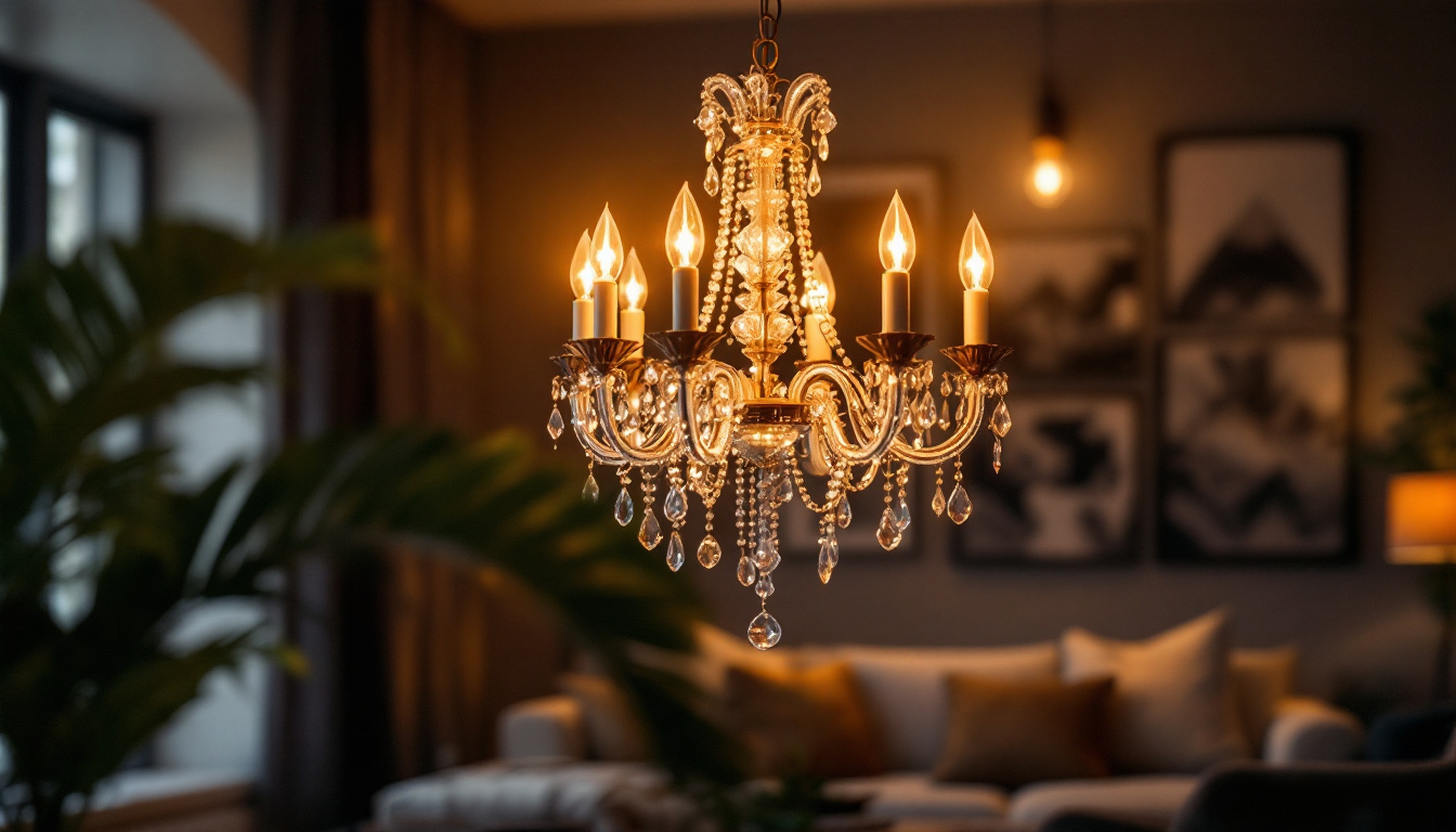 A photograph of a beautifully designed chandelier lamp illuminated in a stylish living space