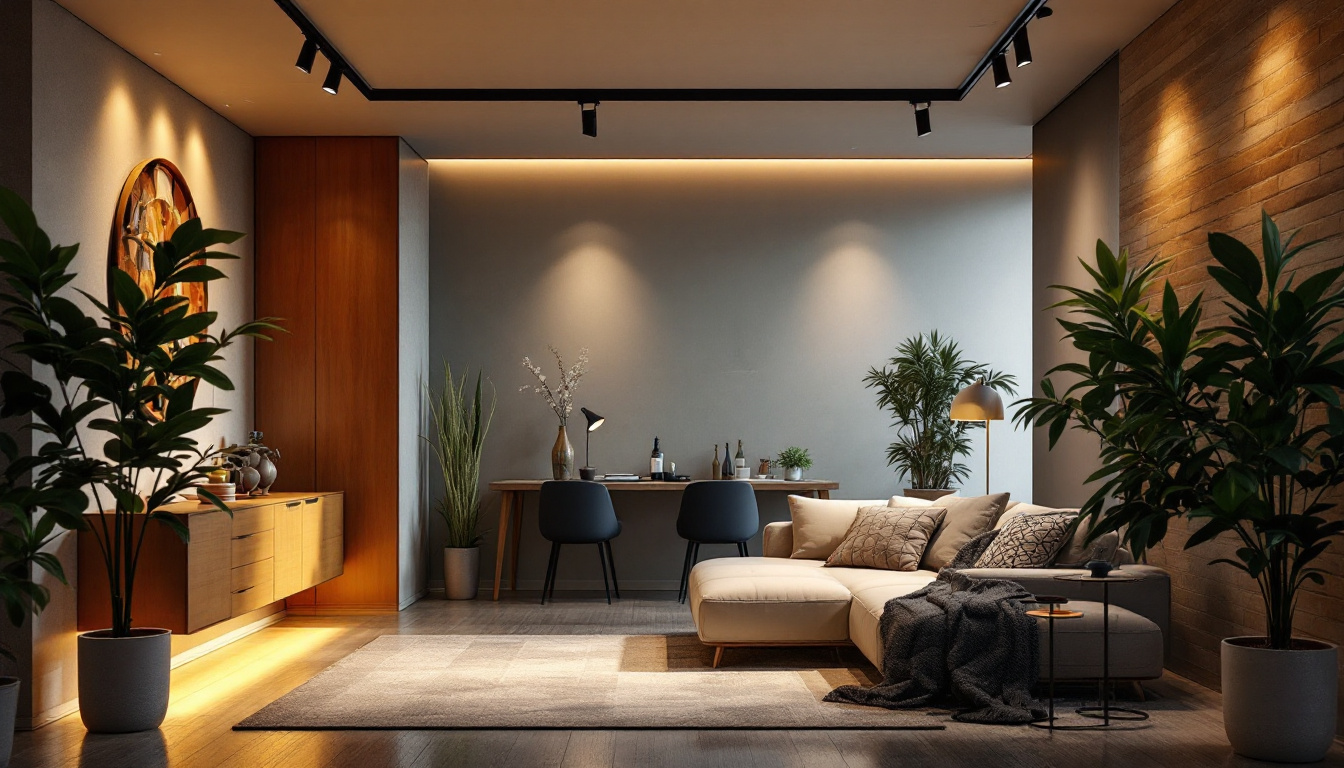 A photograph of capture a photograph of a beautifully designed room showcasing 4-inch can lights installed in the ceiling