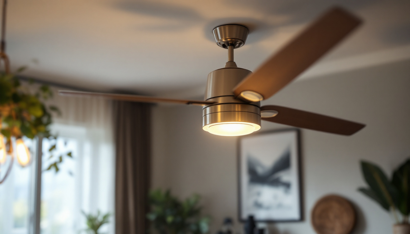 A photograph of a stylish fan light fixture installed in a well-decorated room
