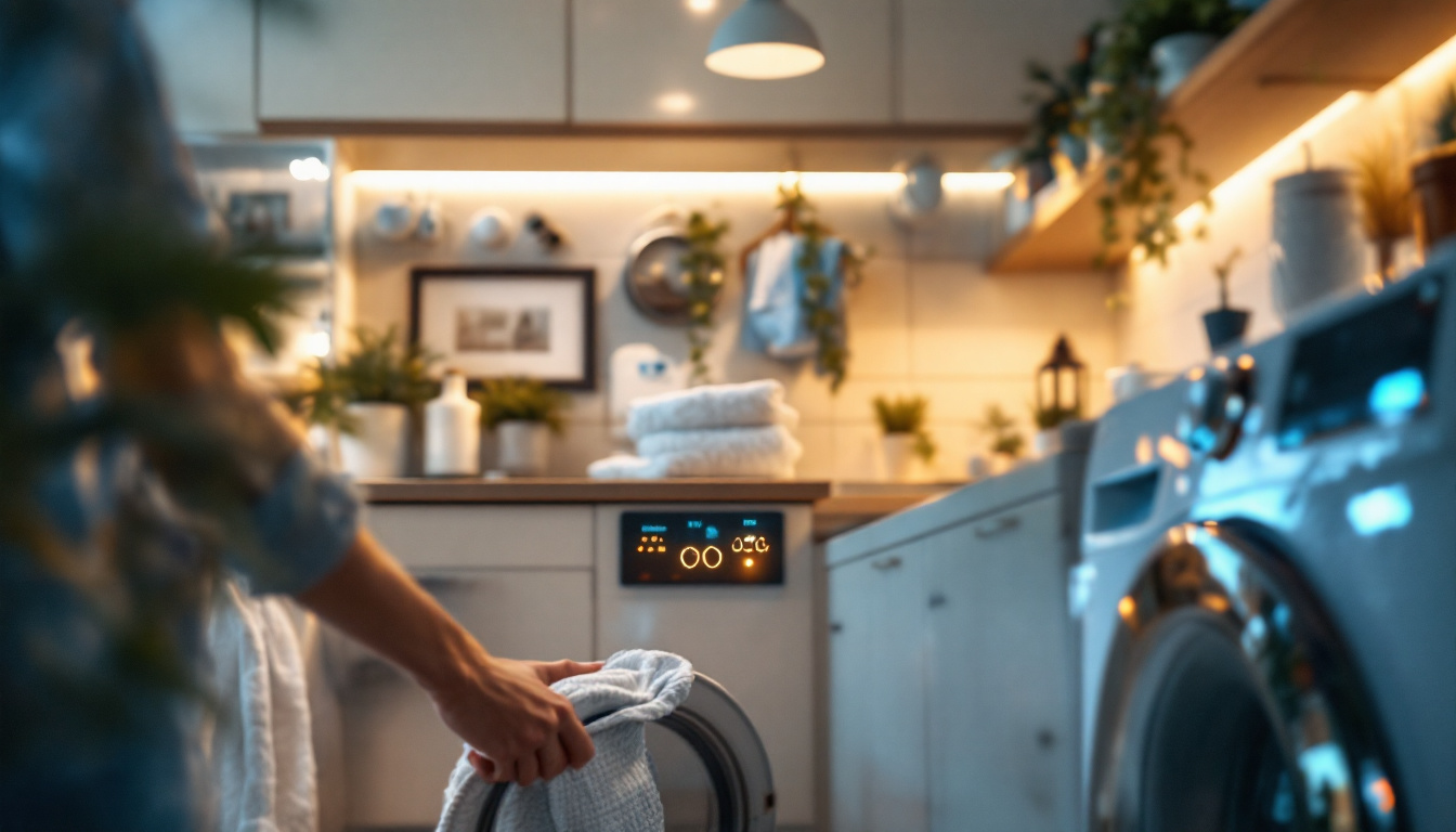 A photograph of a well-lit laundry room featuring an outlet dryer in use