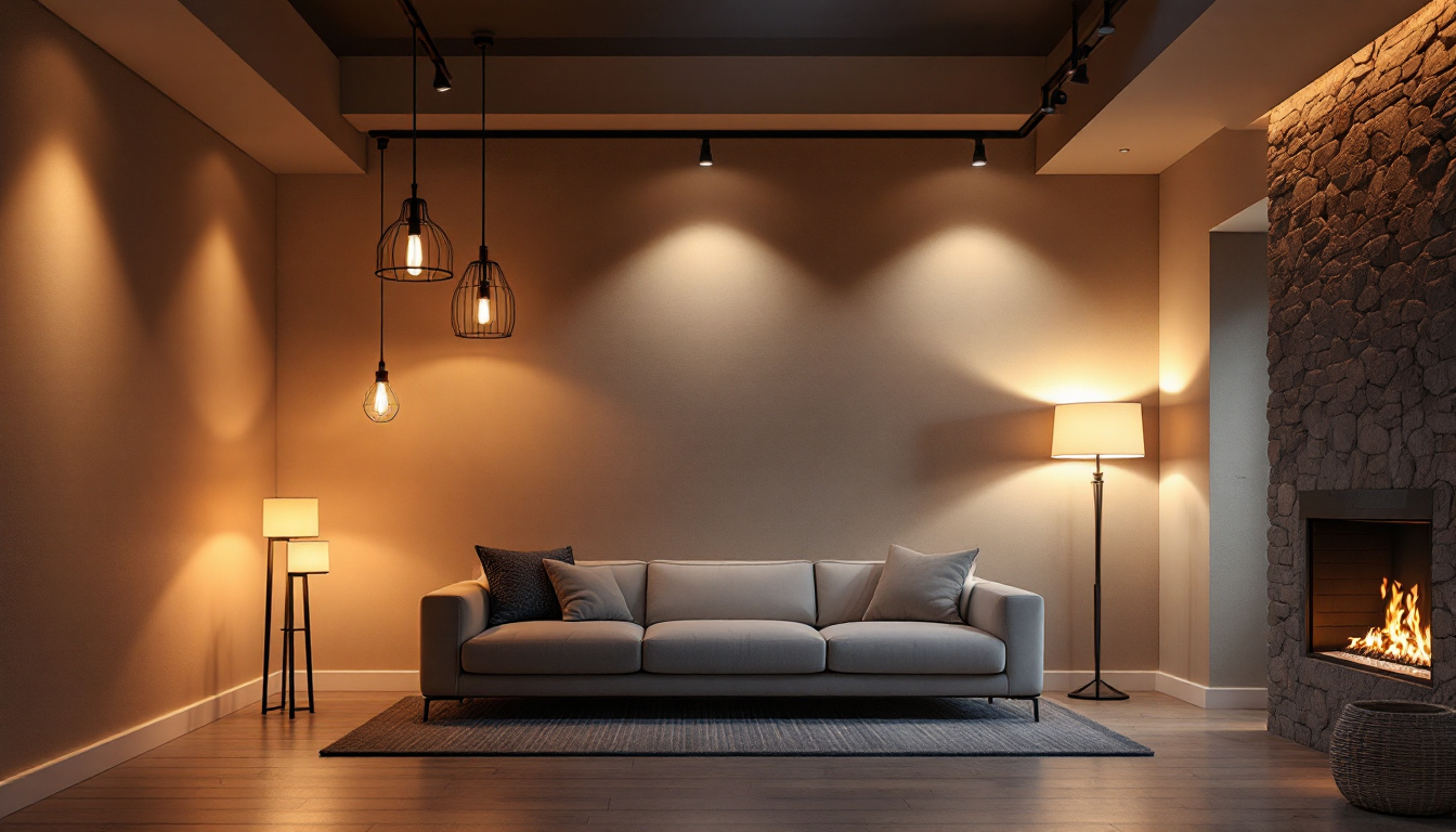 A photograph of a stylishly illuminated basement space showcasing a variety of lighting options