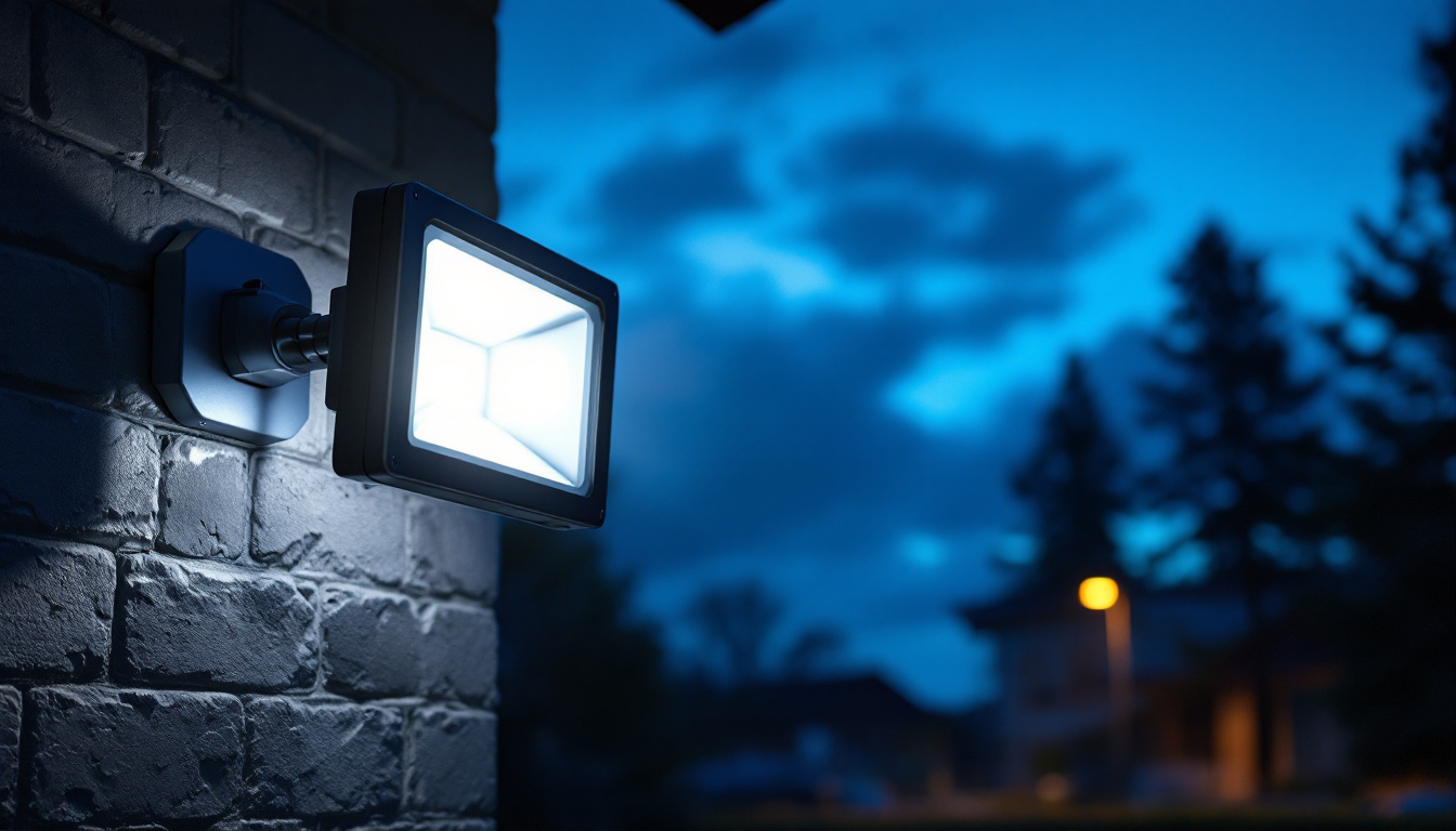 A photograph of a motion flood light illuminating an outdoor scene at dusk