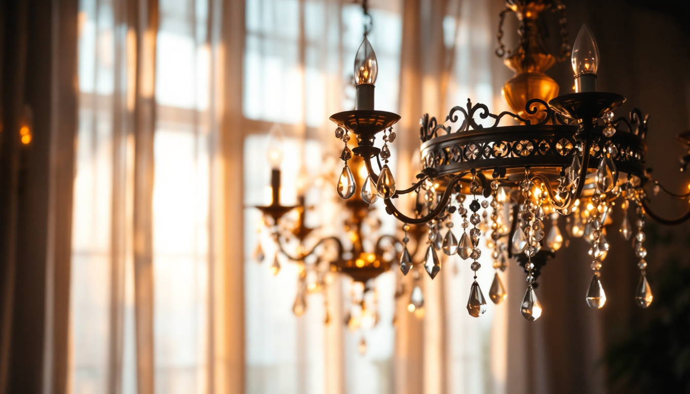 A photograph of a beautifully designed lamp chandelier hanging in an elegantly lit room