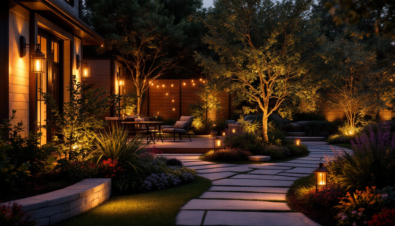 A photograph of a beautifully illuminated outdoor space showcasing various landscaping lights in use