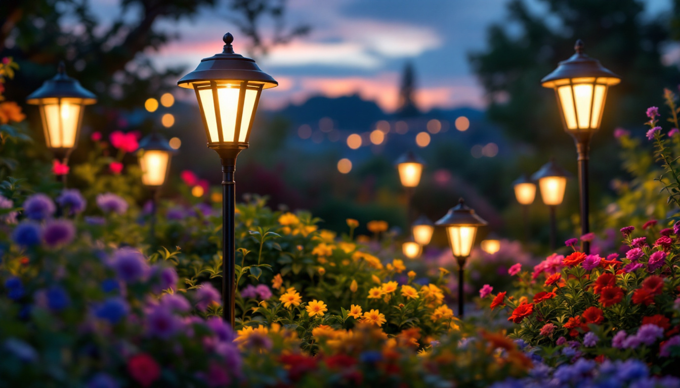 A photograph of a beautifully illuminated garden scene at dusk