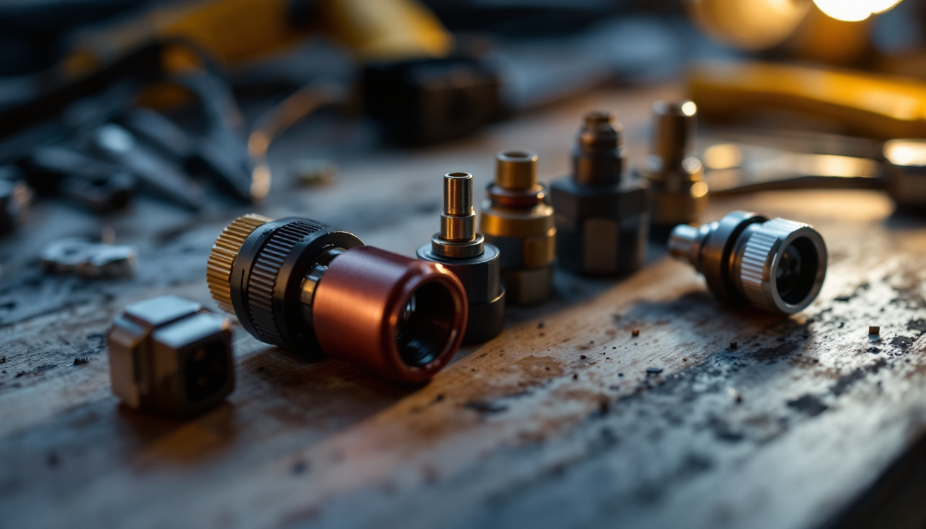A photograph of a close-up shot of various low voltage wire connectors arranged aesthetically on a workbench