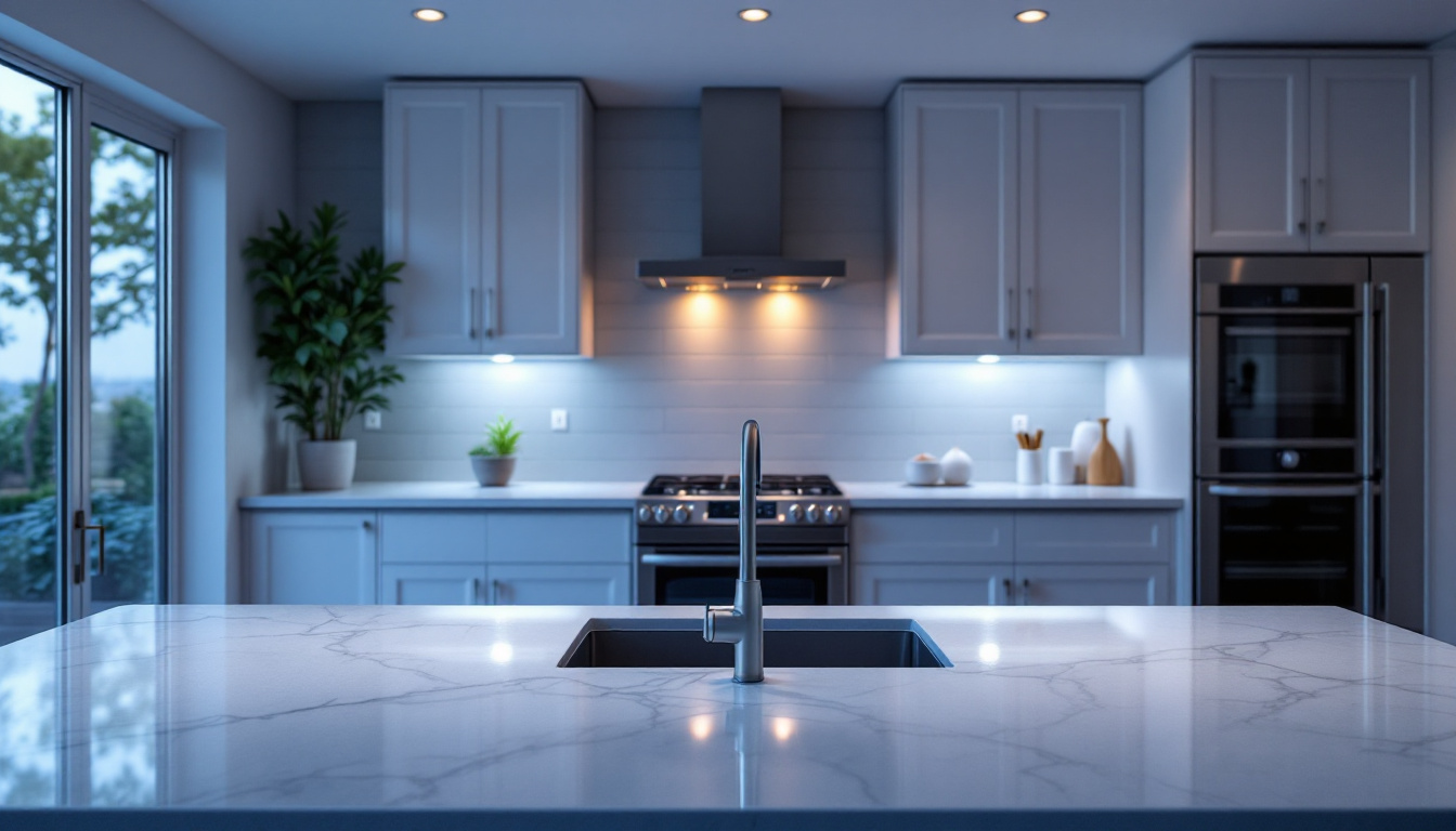 A photograph of a beautifully designed kitchen with elegant under counter lighting that highlights the countertops and creates a warm