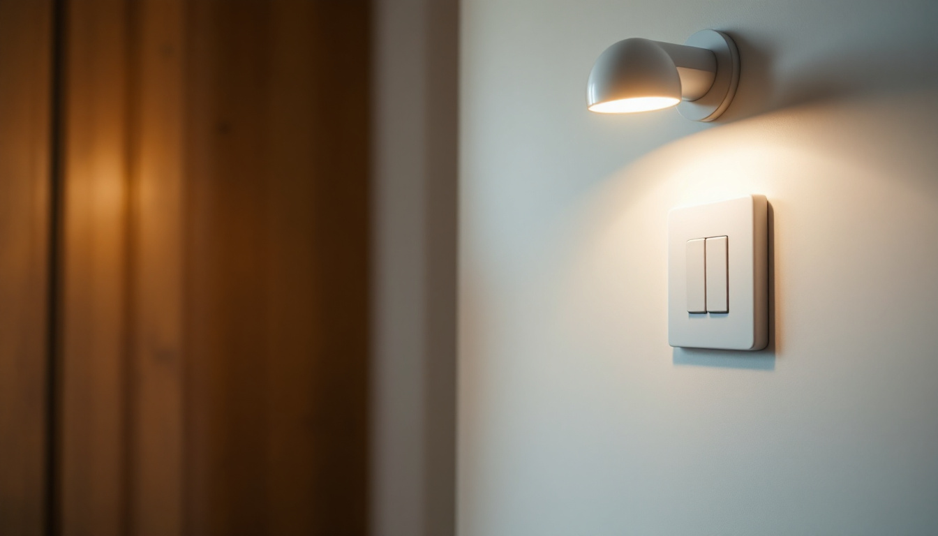A photograph of a stylishly designed light fixture installed near a double switch on a wall