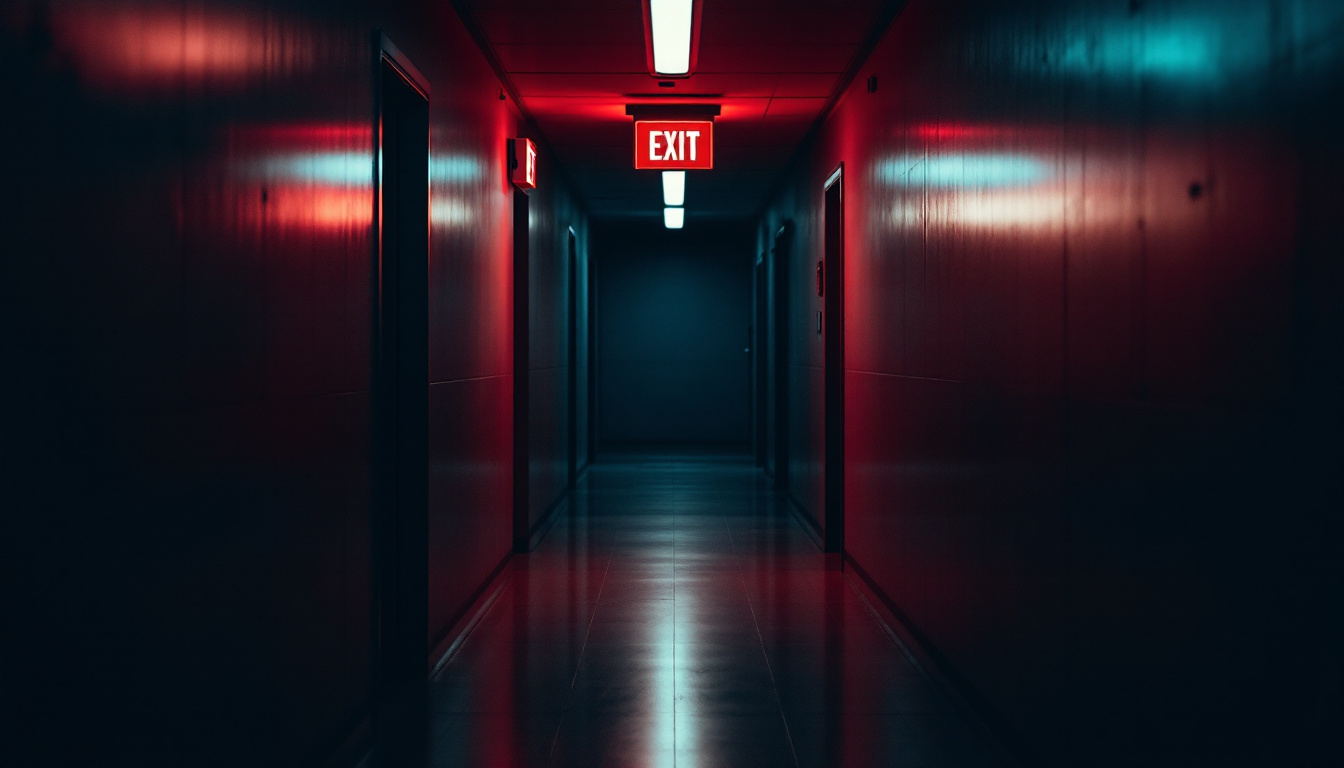 A photograph of a dimly lit hallway featuring a glowing emergency exit sign