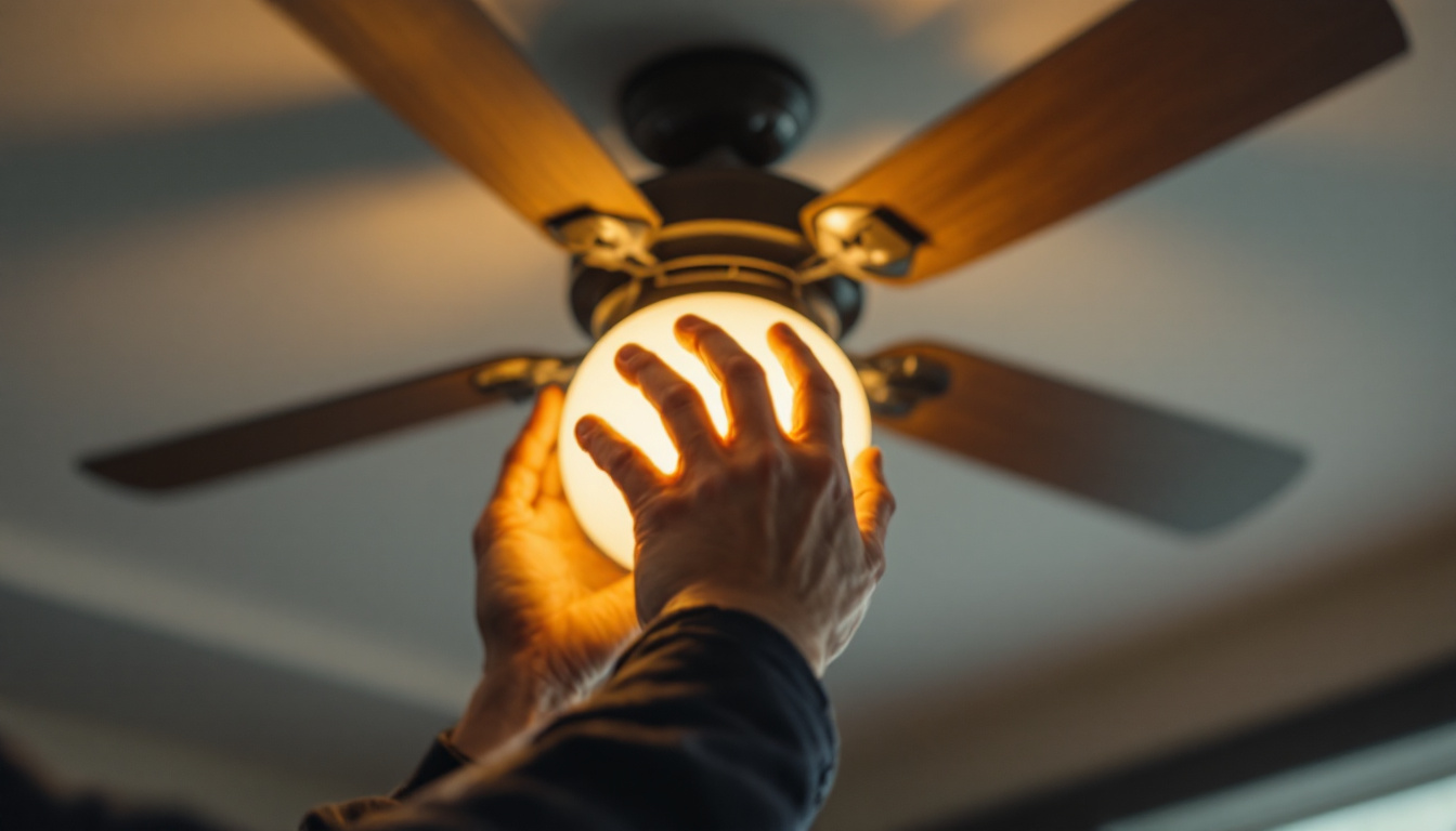 A photograph of a close-up shot of a hand replacing the globe on a stylish ceiling fan