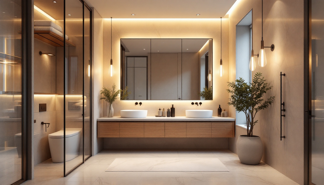 A photograph of a beautifully designed bathroom showcasing elegant recessed lighting that highlights the space's features