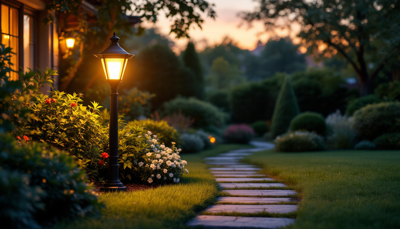 A photograph of a beautifully illuminated yard light casting a warm glow over a well-manicured garden at dusk