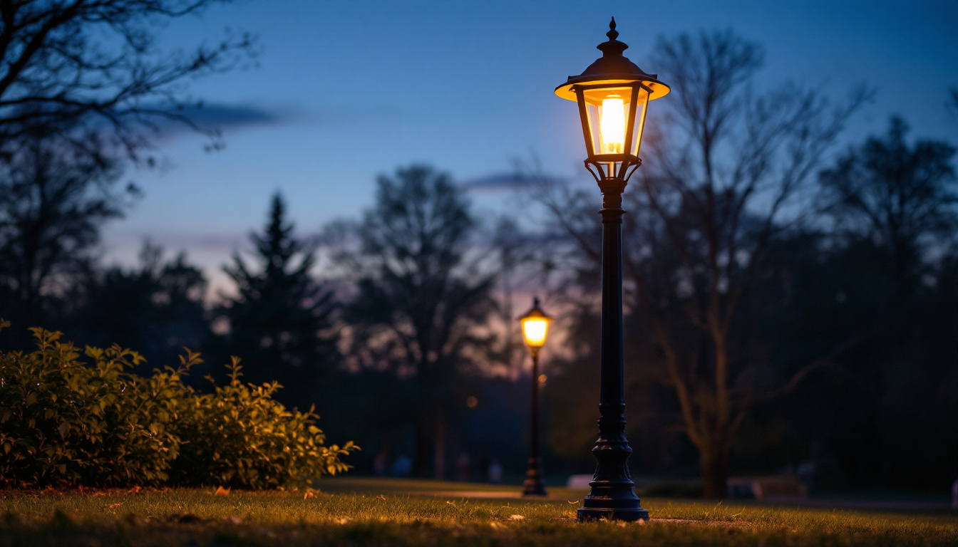 A photograph of capture a photograph of the eagle park lamp illuminated at dusk