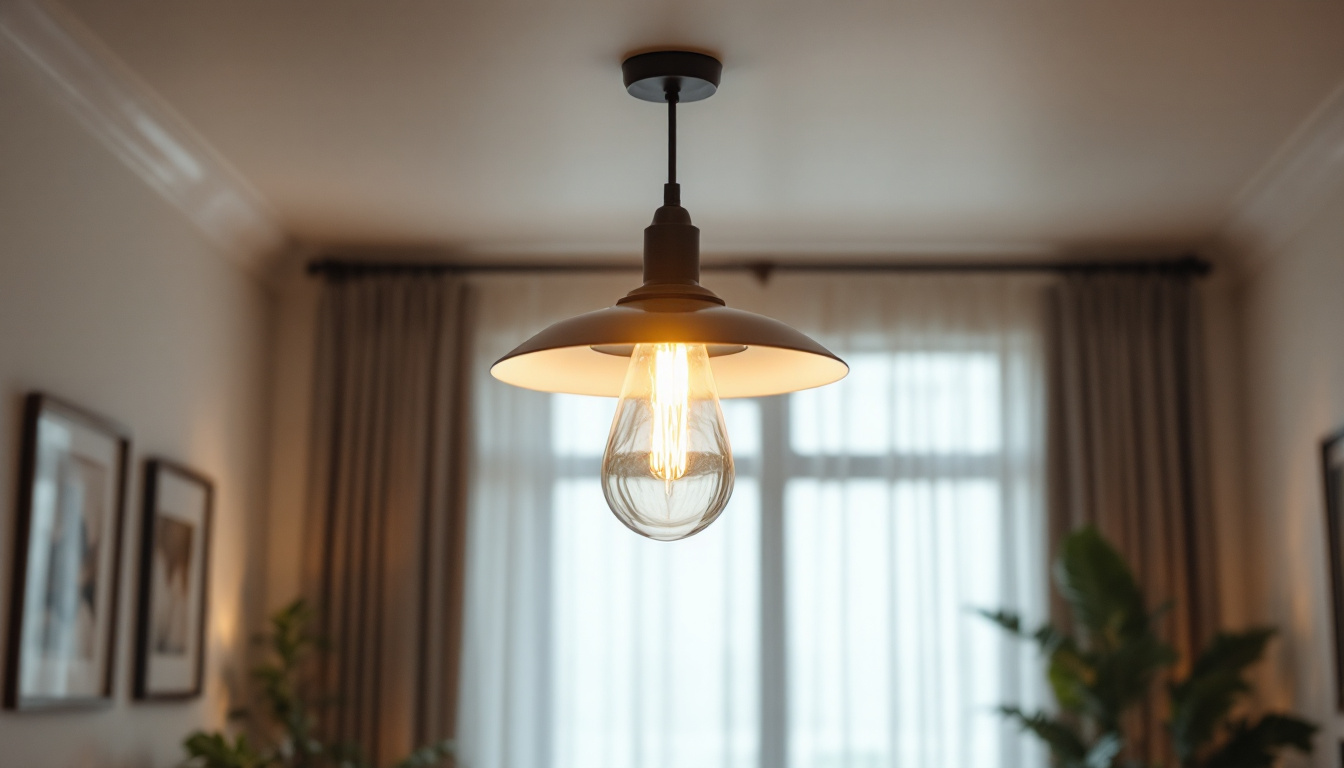 A photograph of a stylish ceiling mount light fixture in a well-lit room