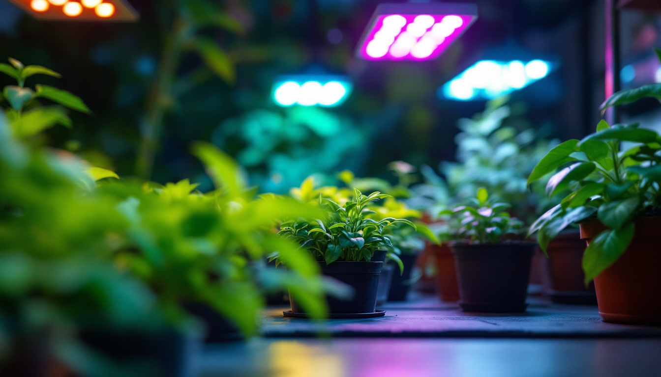 A photograph of a vibrant indoor garden illuminated by various types of grow led lights